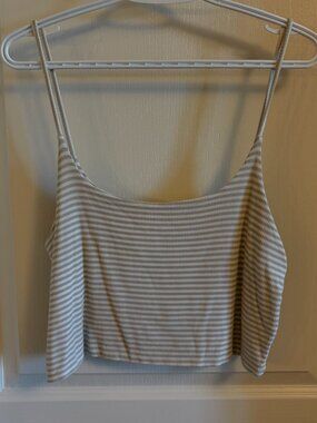 Boxy Cropped White Tan Striped Tank Top - Large